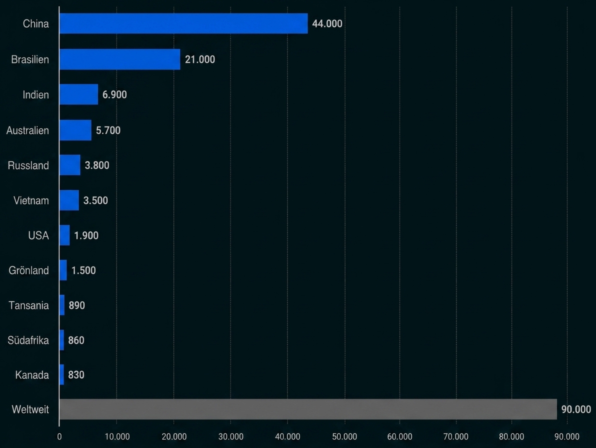 Balkendiagramm mit Ländern und Zahlen: China 44.000, Brasilien 21.000, Indien 6.900, weitere Länder, Gesamt "Weltweit" 90.000.